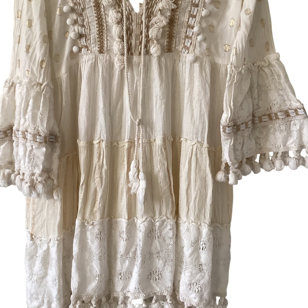 Rise & Blossom Gold Dot Tiered Tassel Pom‎ Pom V-Neck Tunic Dress S/P CH - Picture 14 of 14